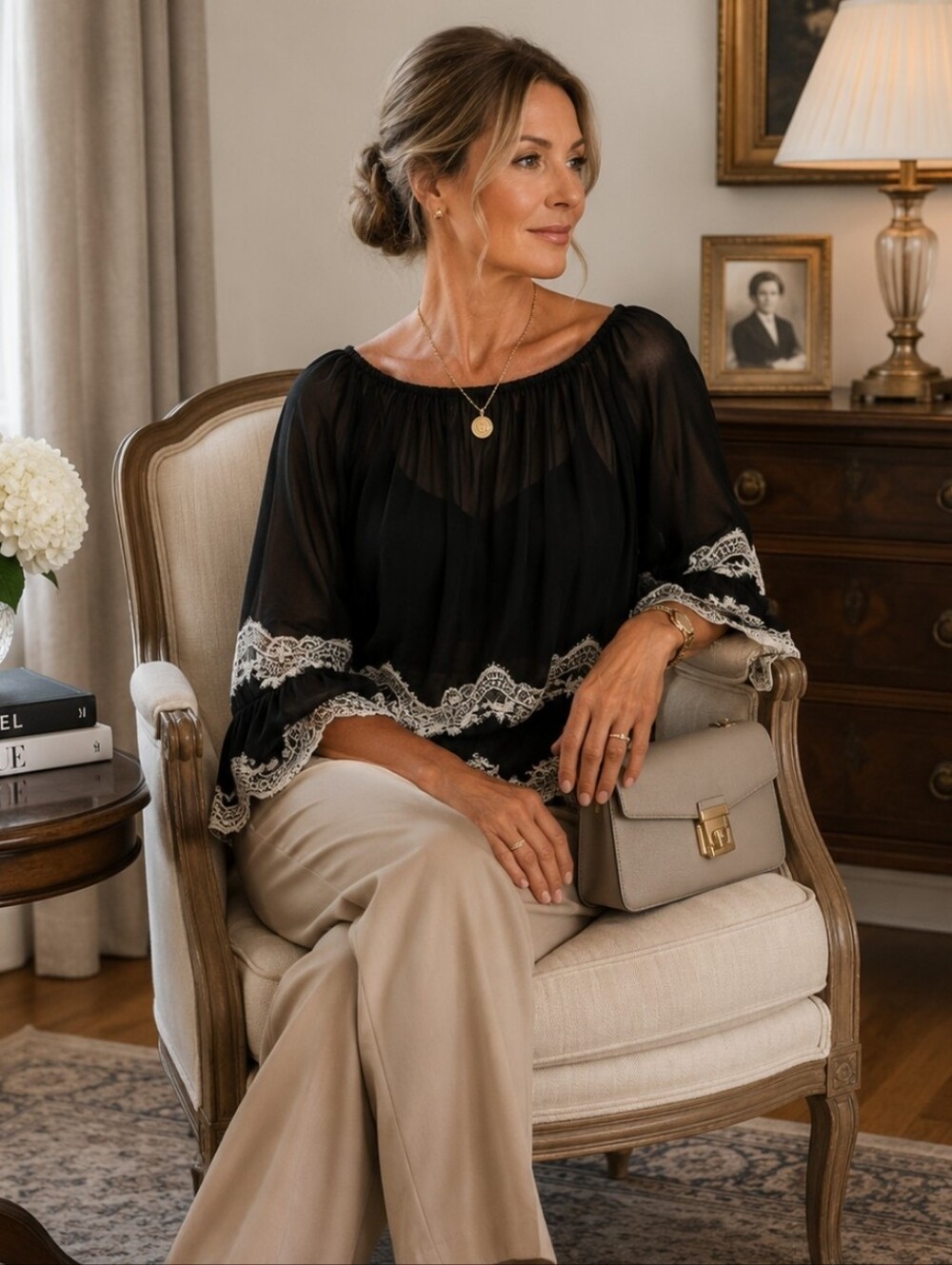 Bazaar Black Sheer Peasant Blouse with White Lace Trim